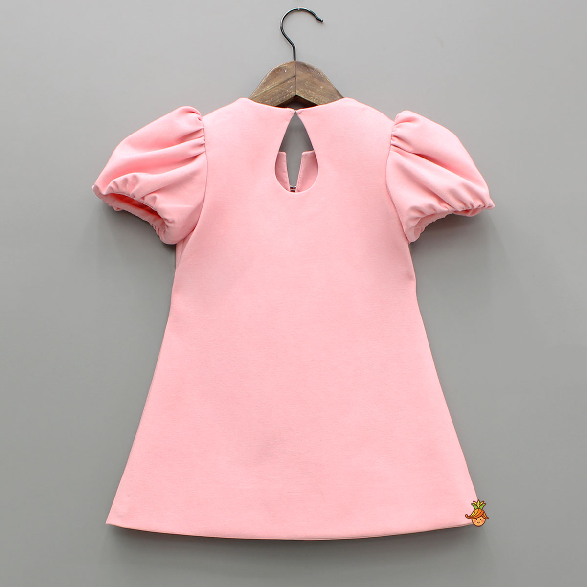 Pink Puff Sleeve Dress With Shiny Bowtie Embellishments