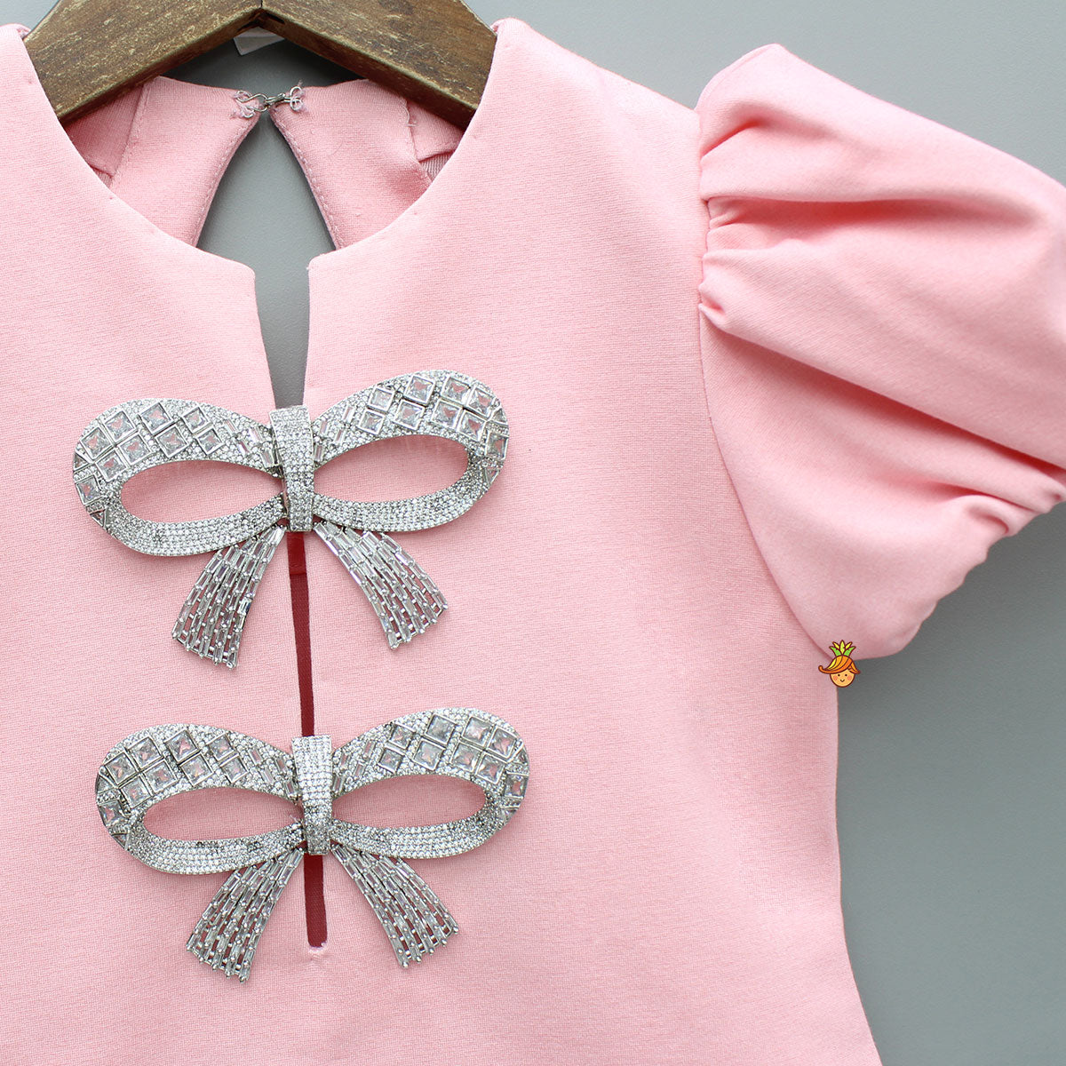 Pink Puff Sleeve Dress With Shiny Bowtie Embellishments