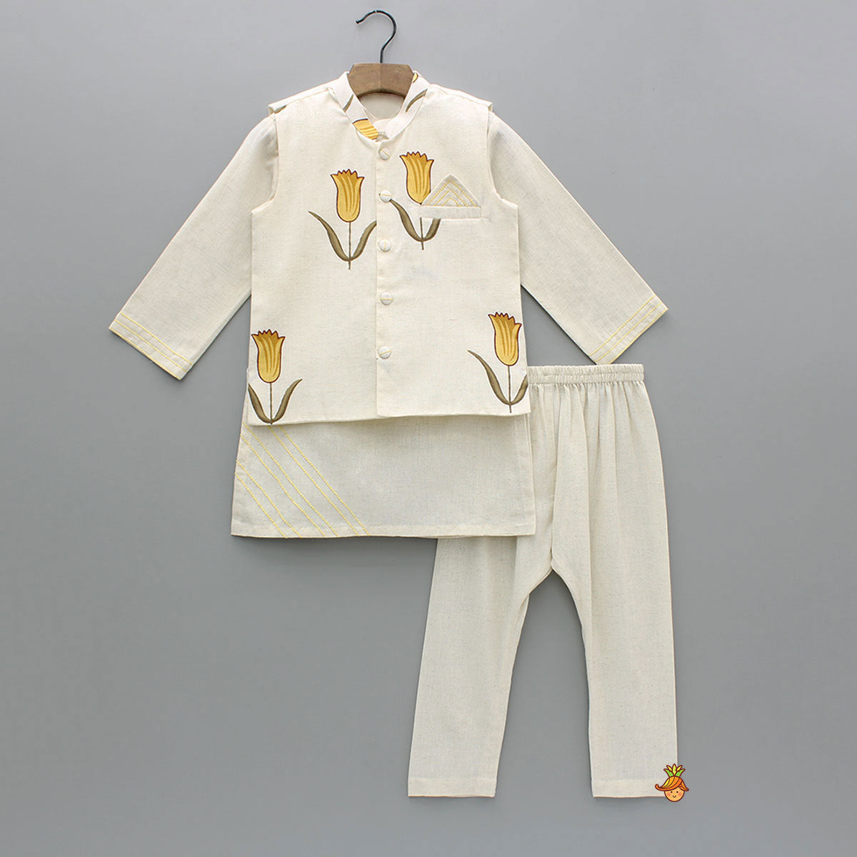 Off White Khadi Kurta With Yellow Tulip Printed Jacket And Pyjama
