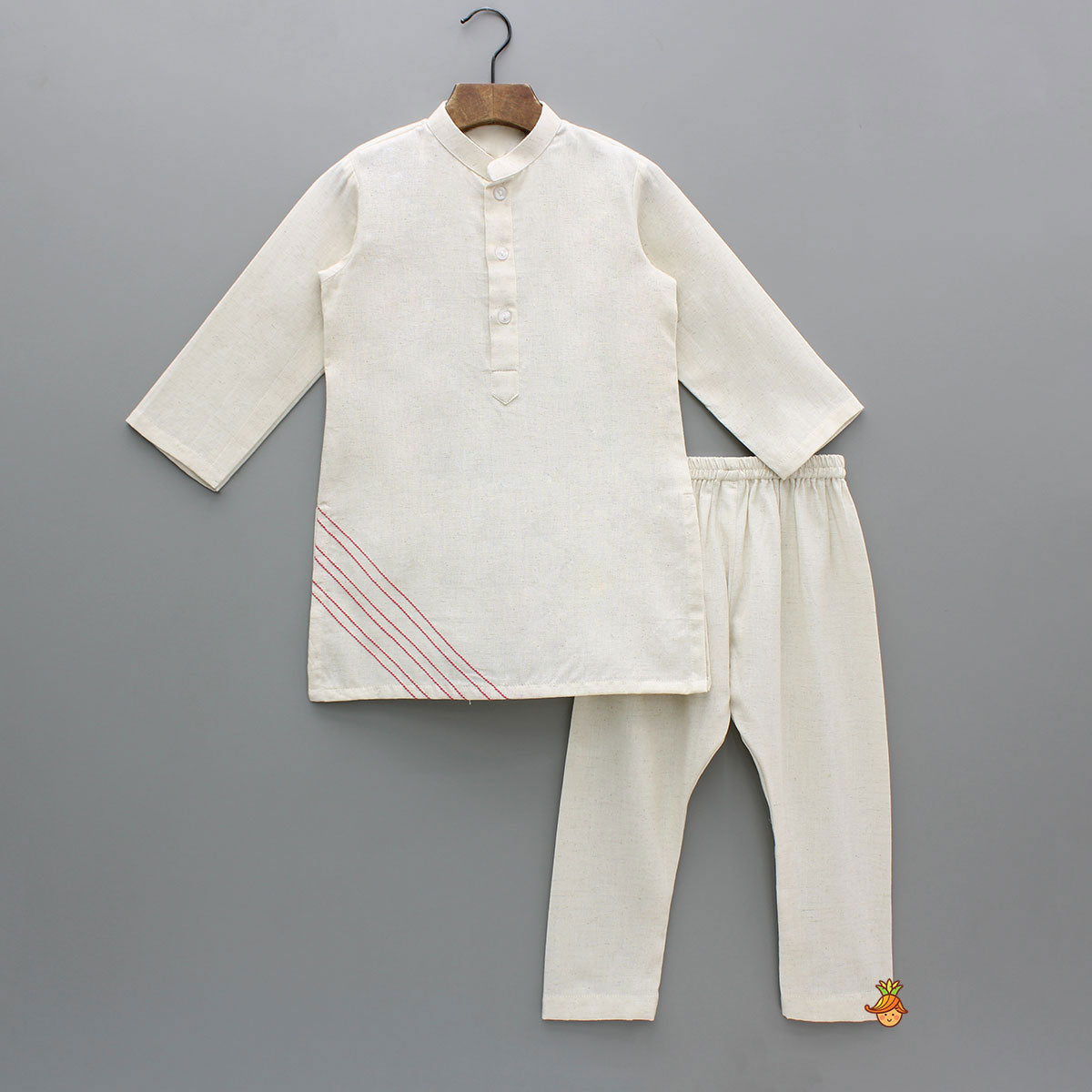 Off White Khadi Kurta With Red Tulip Printed Jacket And Pyjama