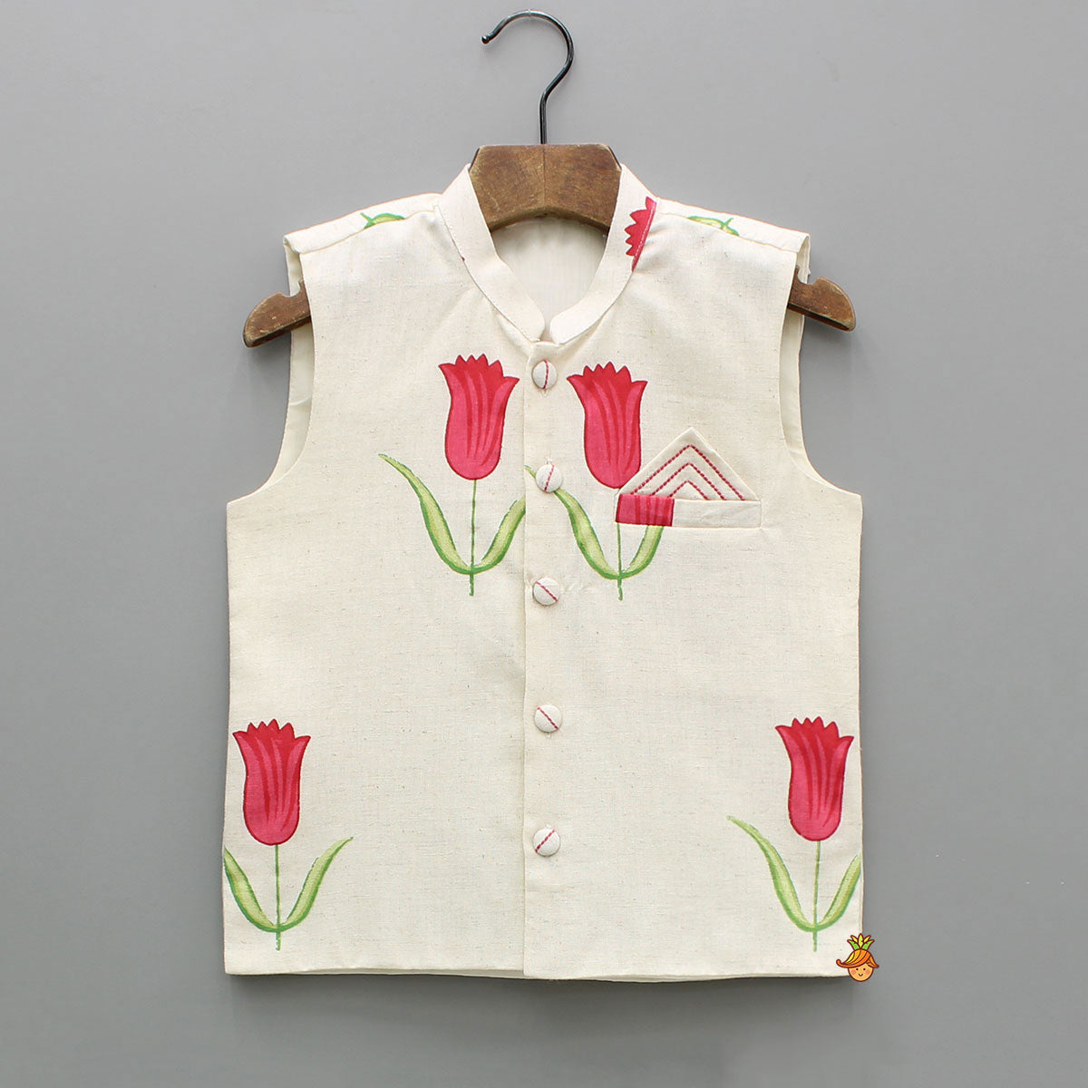 Off White Khadi Kurta With Red Tulip Printed Jacket And Pyjama
