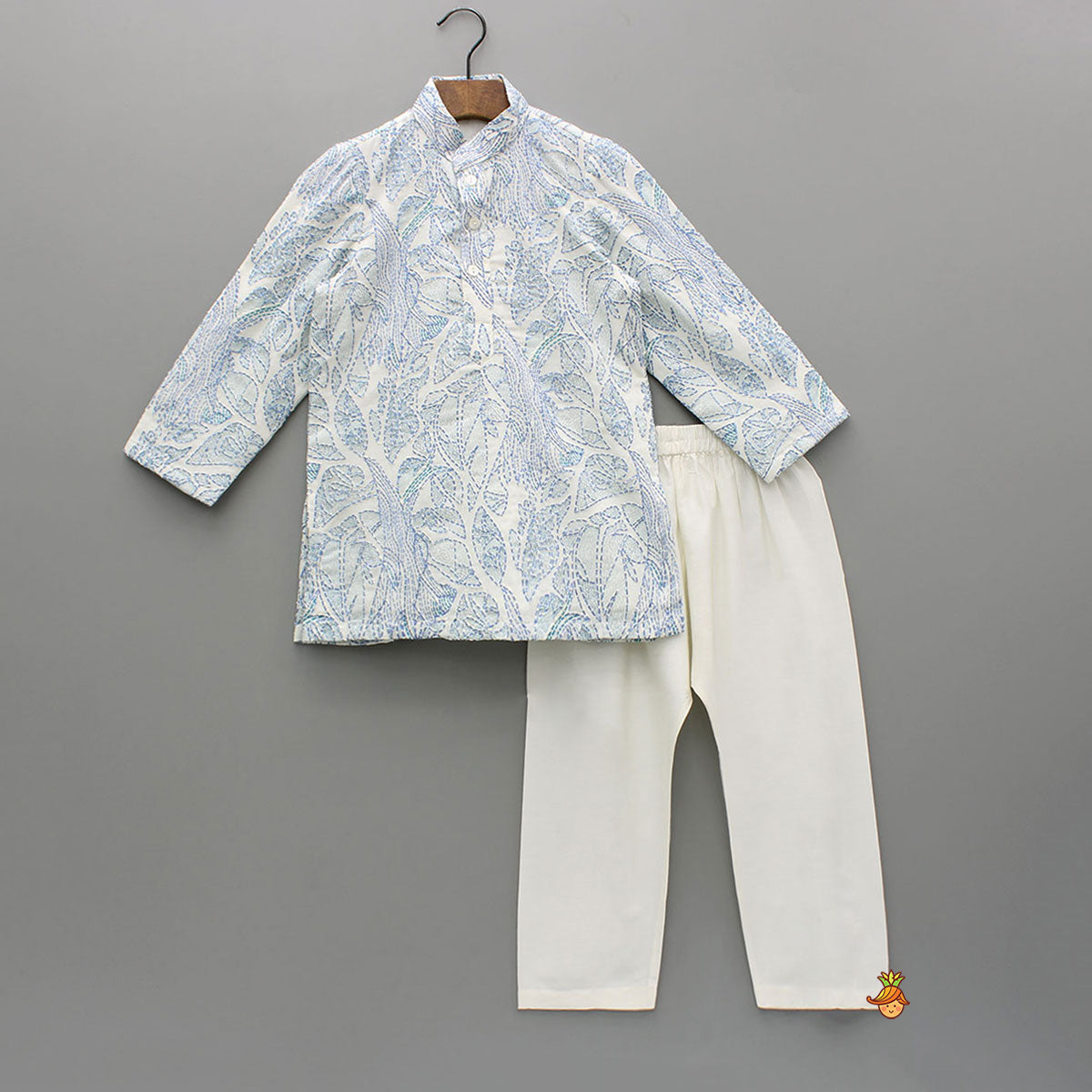 Off White Printed Embroidered Kurta And Pyjama