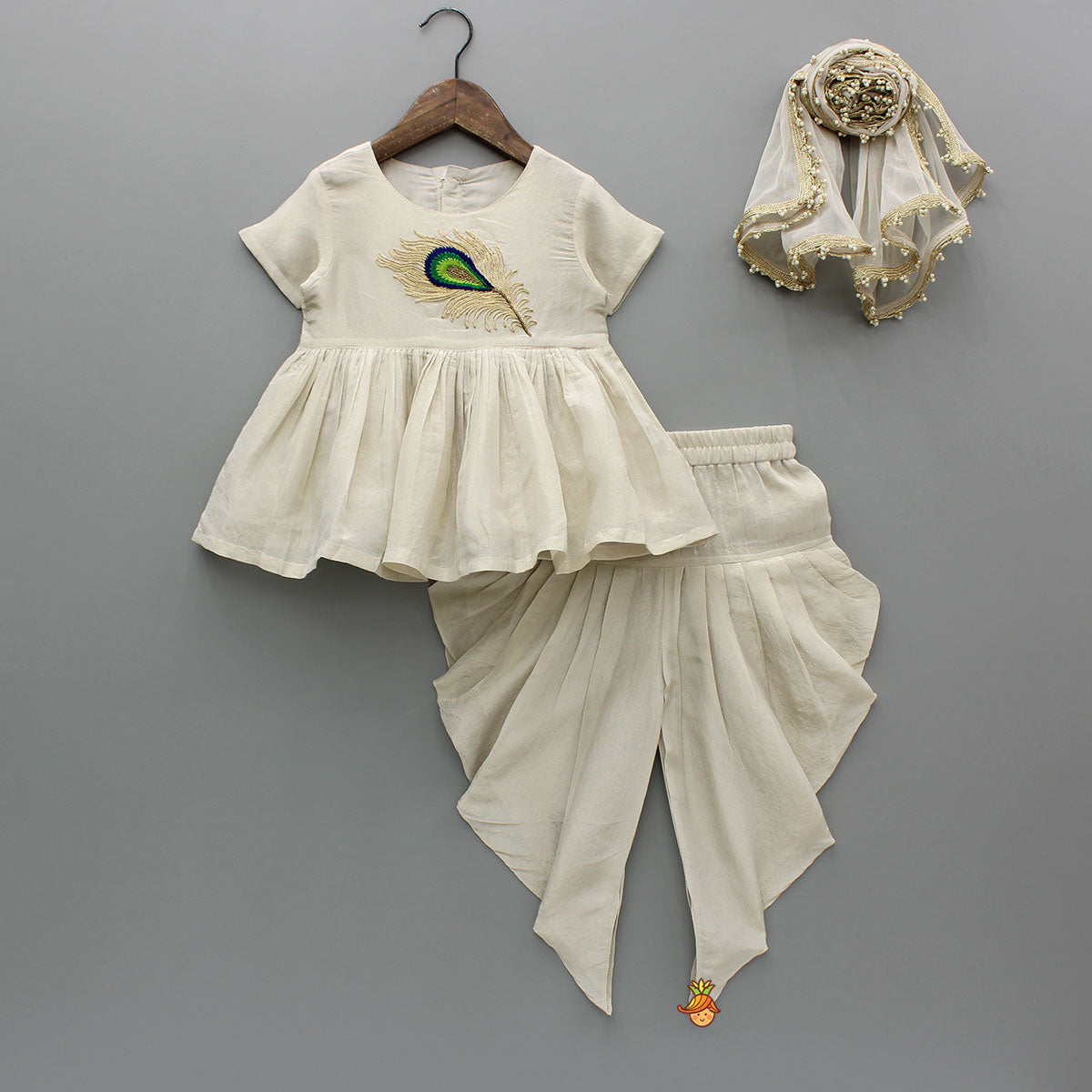 Mor Pankh Embroidered Shimmery Beige Kurti With Dhoti And Dupatta