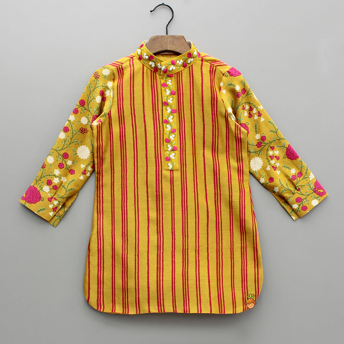 Mustard Striped Floral Chanderi Kurta And Off White Salwar