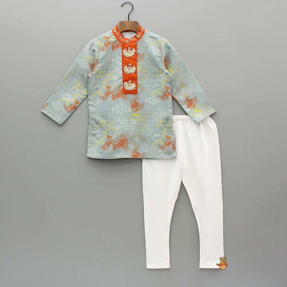 Printed Grey Embroidery Detailed Kurta With Pyjama