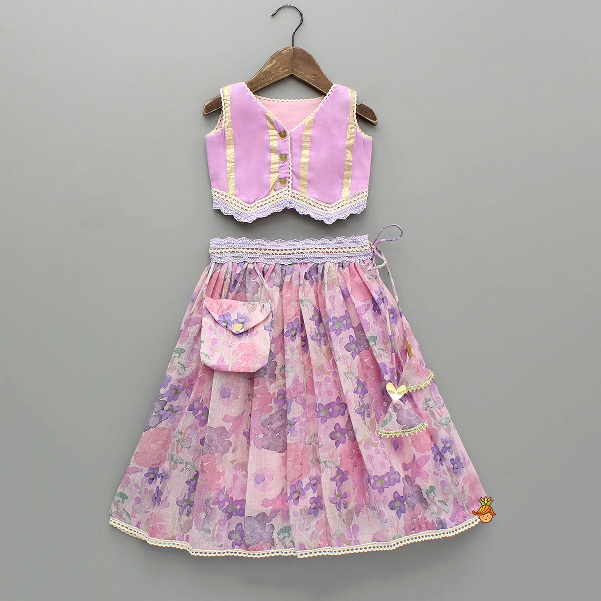 Heart Detail Pink Top With Floral Lehenga