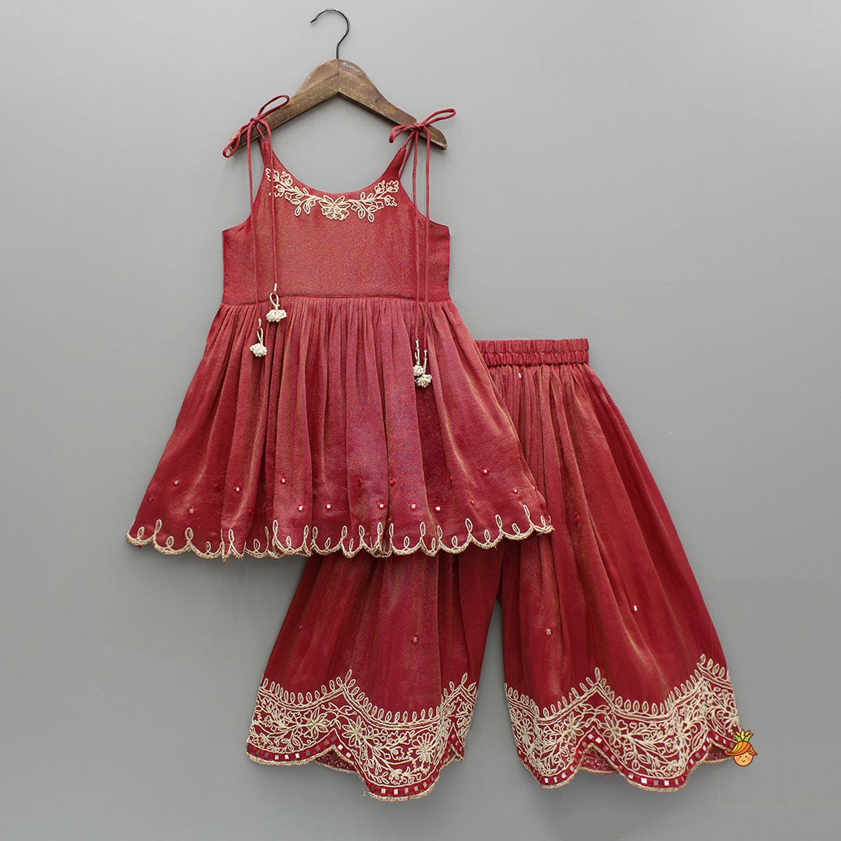 Red Shimmery Embroidered Strappy Kurti And Flared Palazzo