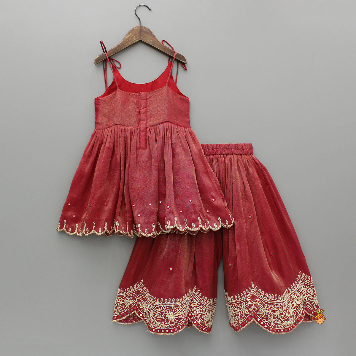 Red Shimmery Embroidered Strappy Kurti And Flared Palazzo