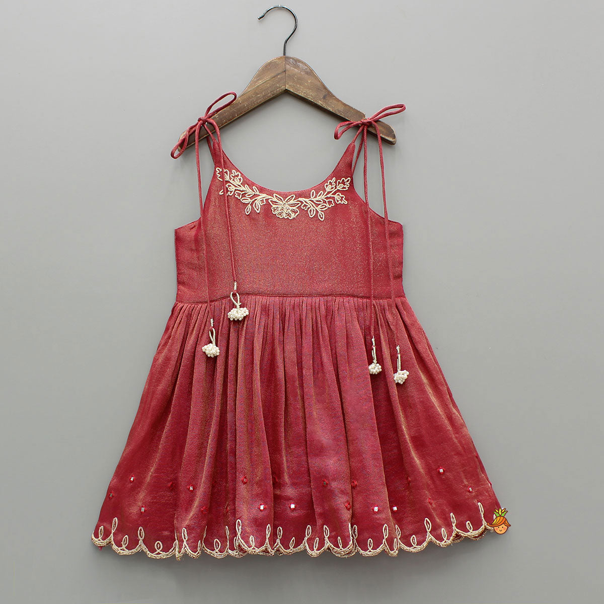 Red Shimmery Embroidered Strappy Kurti And Flared Palazzo