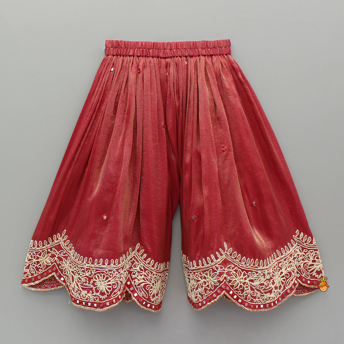 Red Shimmery Embroidered Strappy Kurti And Flared Palazzo