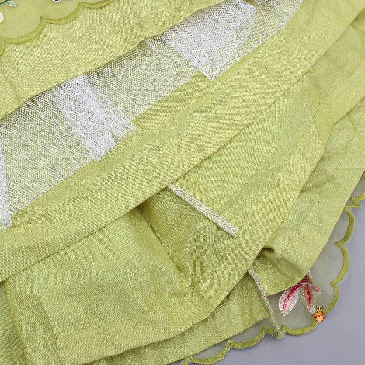 Scalloped Hem Thread Embroidered Green Top And Lehenga