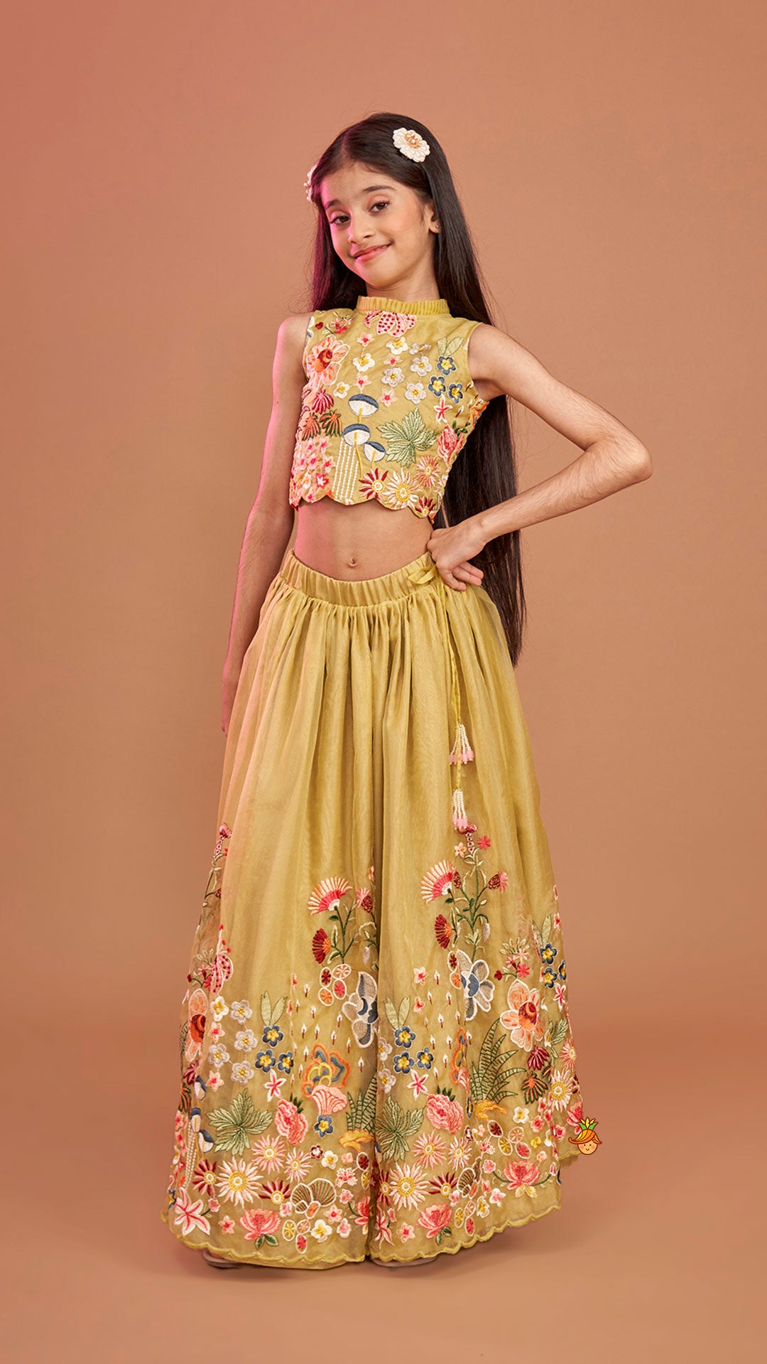 Scalloped Hem Thread Embroidered Green Top And Lehenga