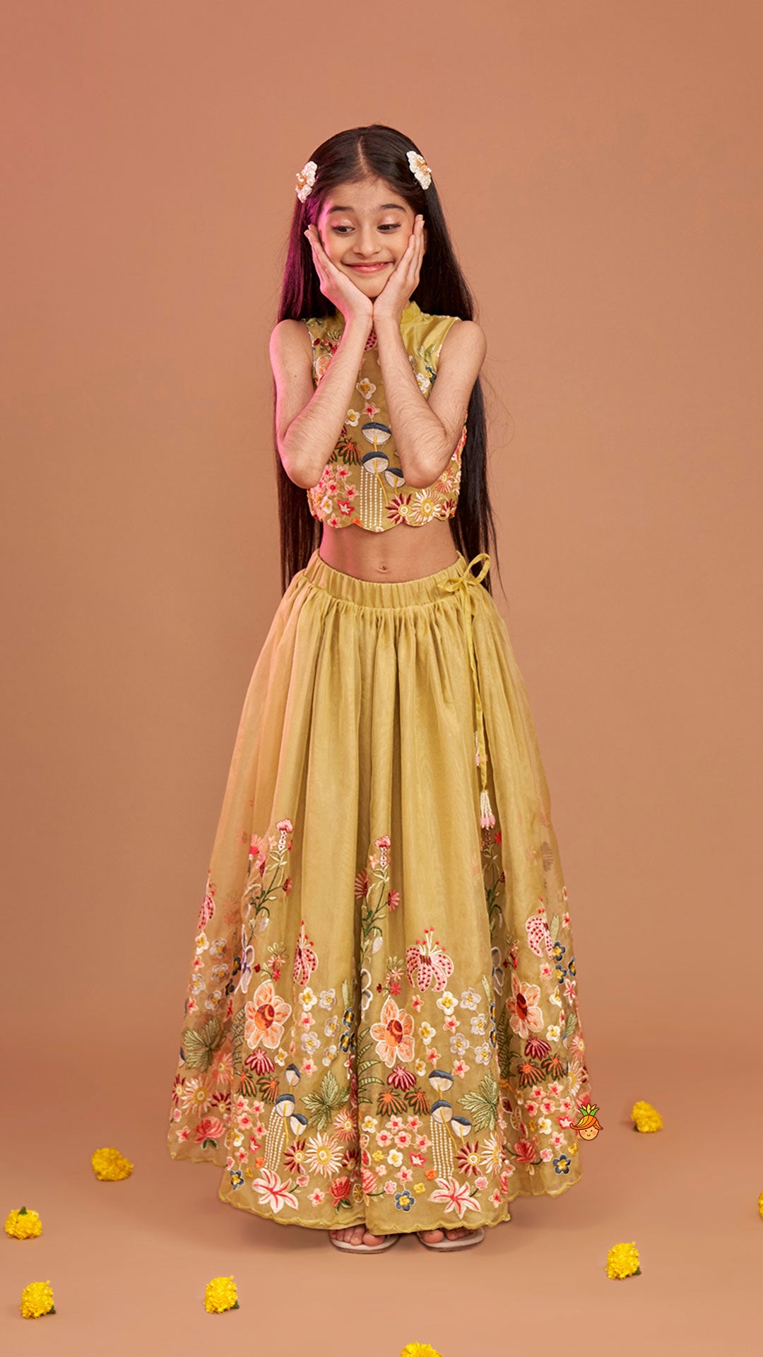 Scalloped Hem Thread Embroidered Green Top And Lehenga