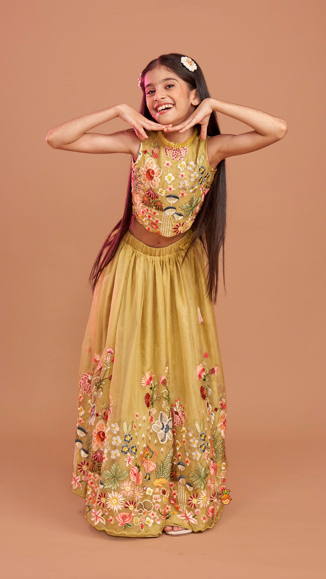 Scalloped Hem Thread Embroidered Green Top And Lehenga