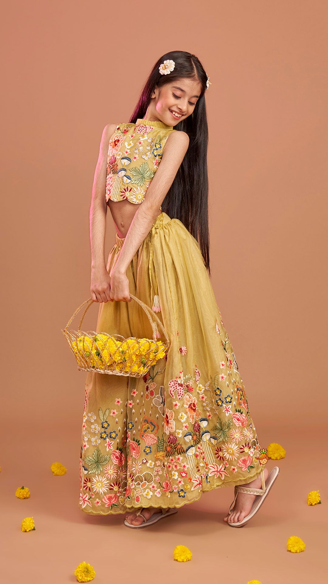 Scalloped Hem Thread Embroidered Green Top And Lehenga