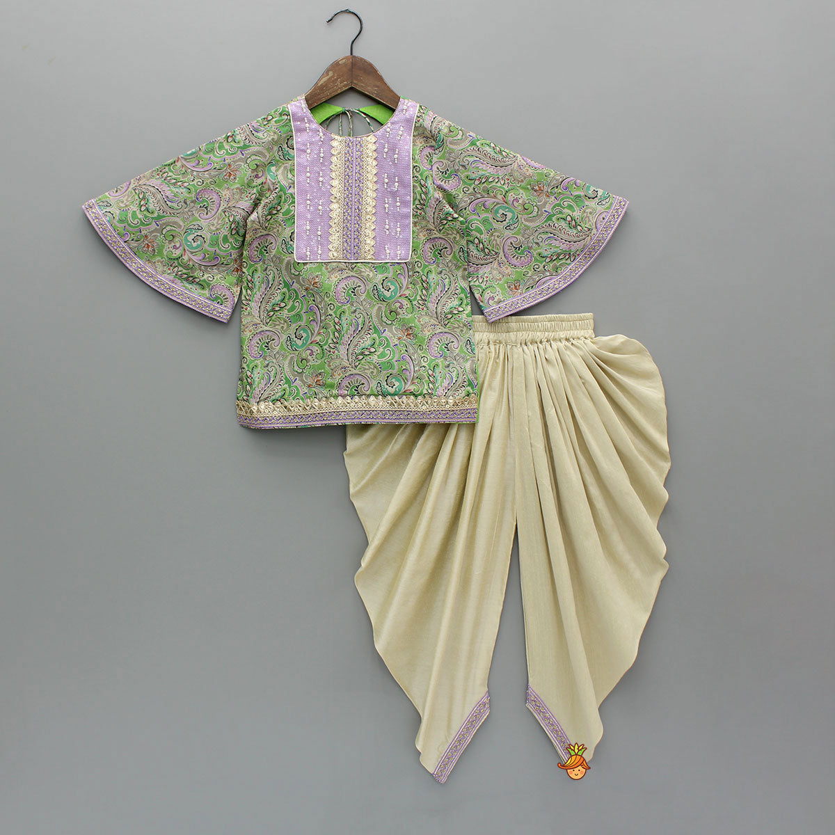 Yoke-Embroidered Green Top with Beige Dhoti