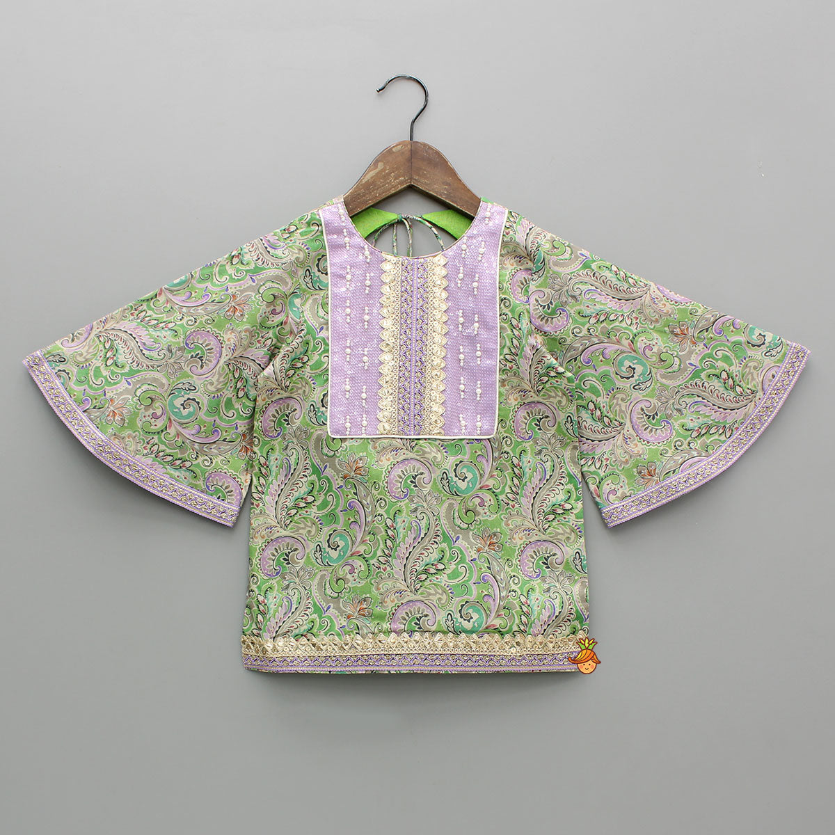Yoke-Embroidered Green Top with Beige Dhoti