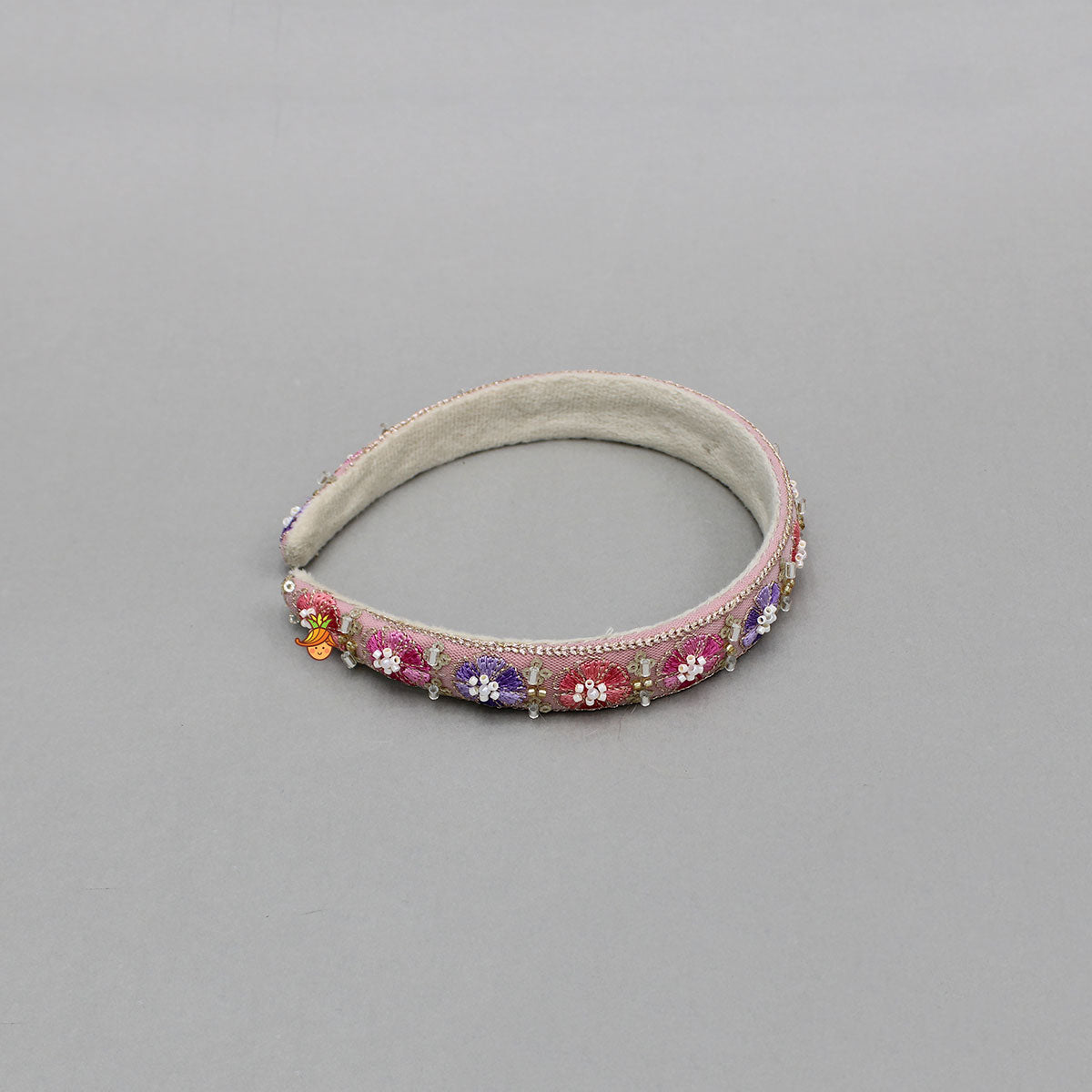 Pink Floral Embroidered Hairband With Beadwork