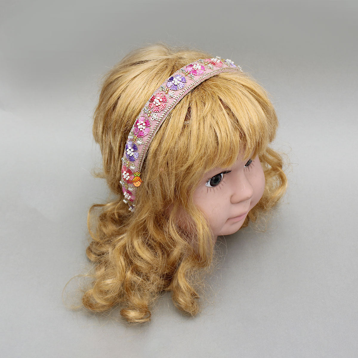 Pink Floral Embroidered Hairband With Beadwork