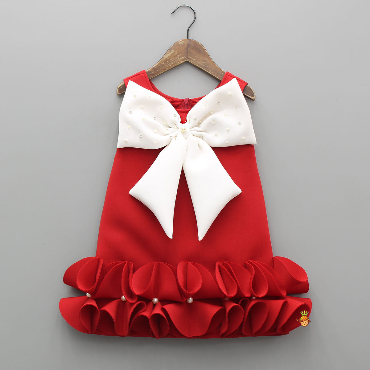 Red Ruffle Hem Dress With Bow Adornment