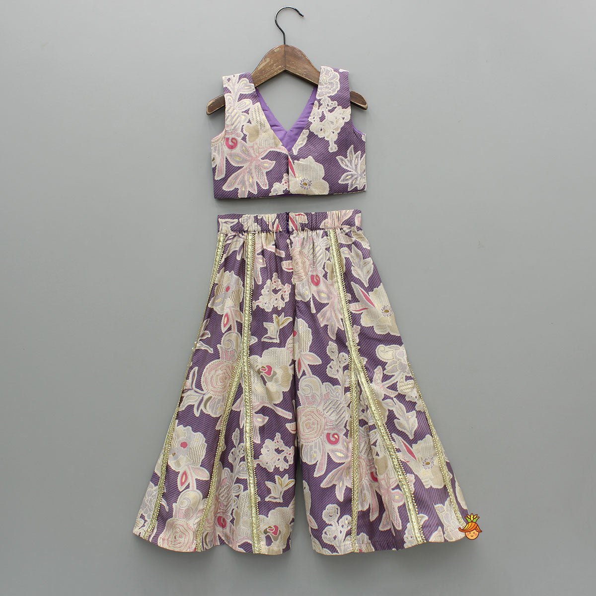 Mirror Embellished Floral Printed Top With Flared Palazzo