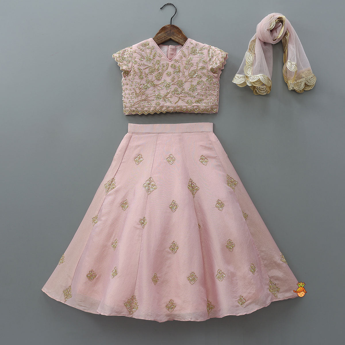 Shimmery Sequin Embroidered Crop Top With Flared Lehenga And Matching Dupatta