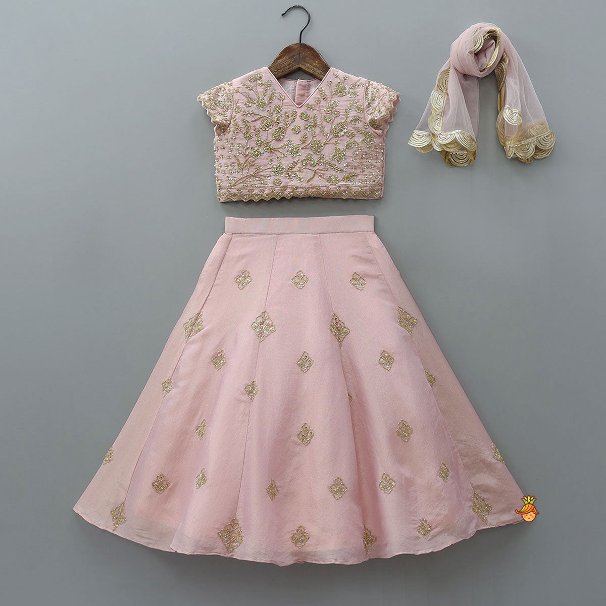 Shimmery Sequin Embroidered Crop Top With Flared Lehenga And Matching Dupatta