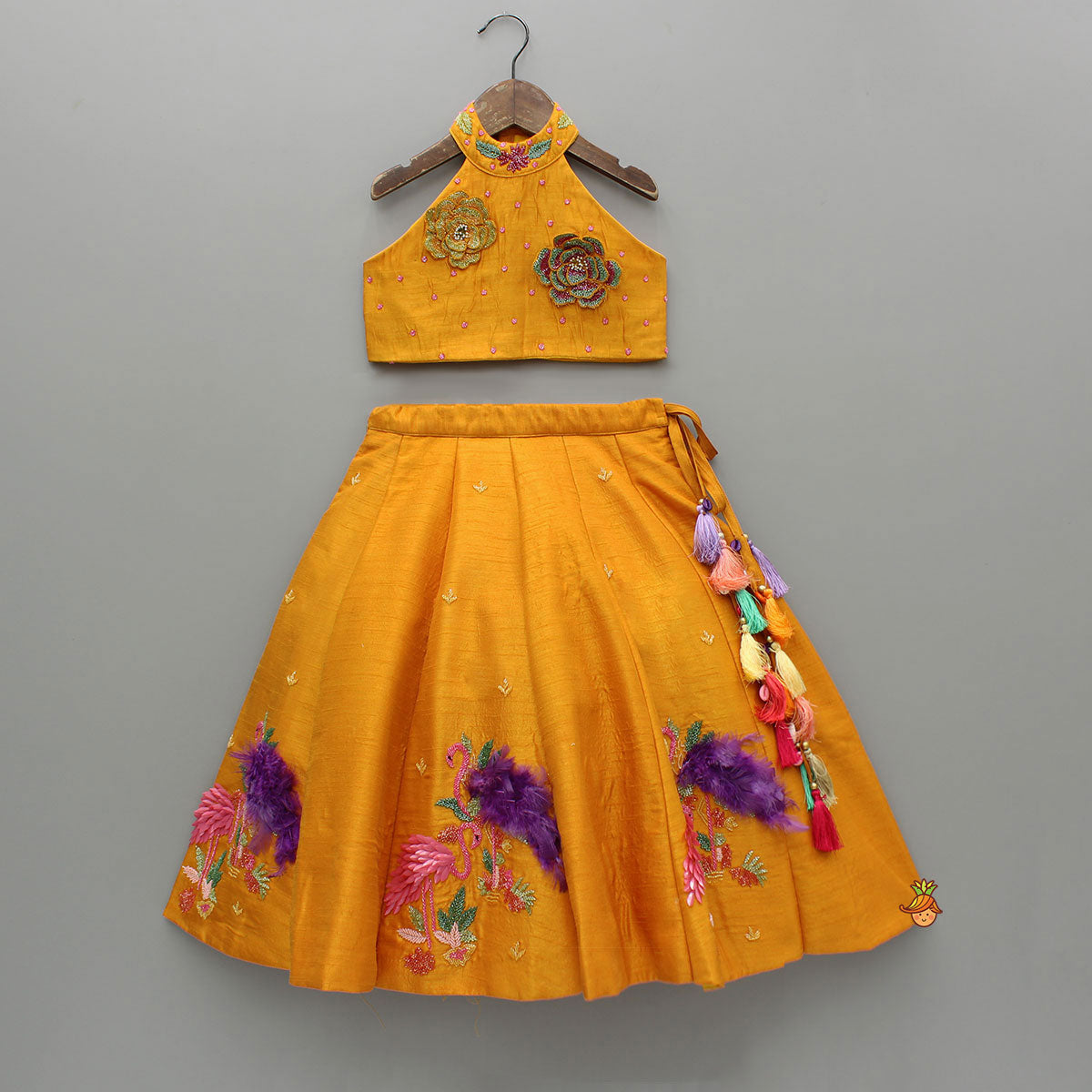 Floral Embroidered Halter Neck Top With Flared Lehenga And Bow Hair Clip With Potli Bag