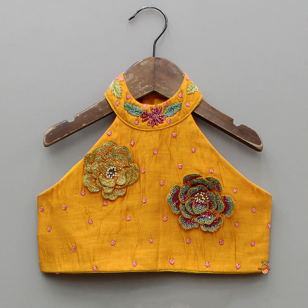 Floral Embroidered Halter Neck Top With Flared Lehenga And Bow Hair Clip With Potli Bag