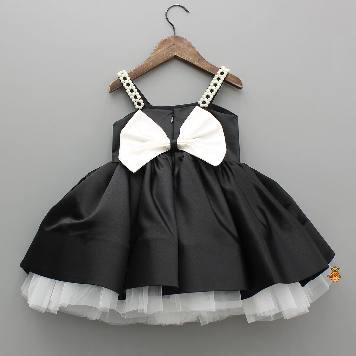 Flower Enhanced Black Strappy Flared Dress With Matching Hair Clip