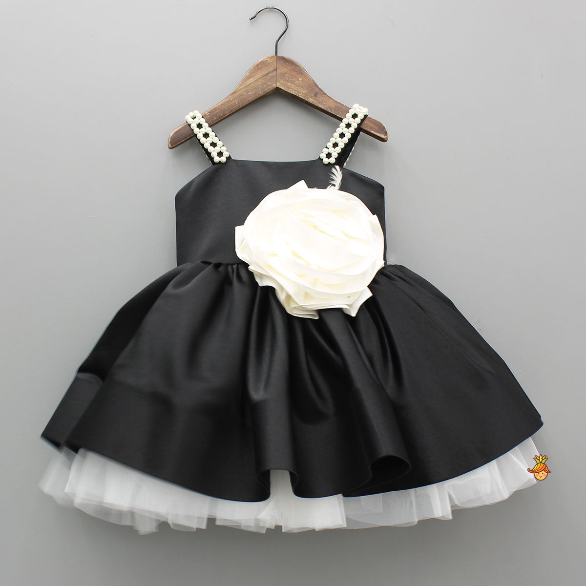 Flower Enhanced Black Strappy Flared Dress With Matching Hair Clip