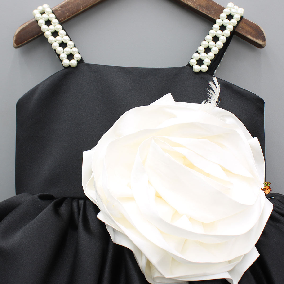 Flower Enhanced Black Strappy Flared Dress With Matching Hair Clip