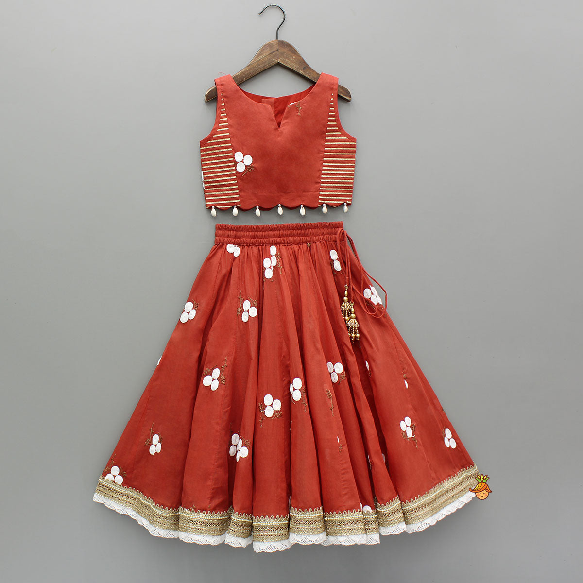 Red Floral Embroidered Sleeveless Top With Matching Lehenga