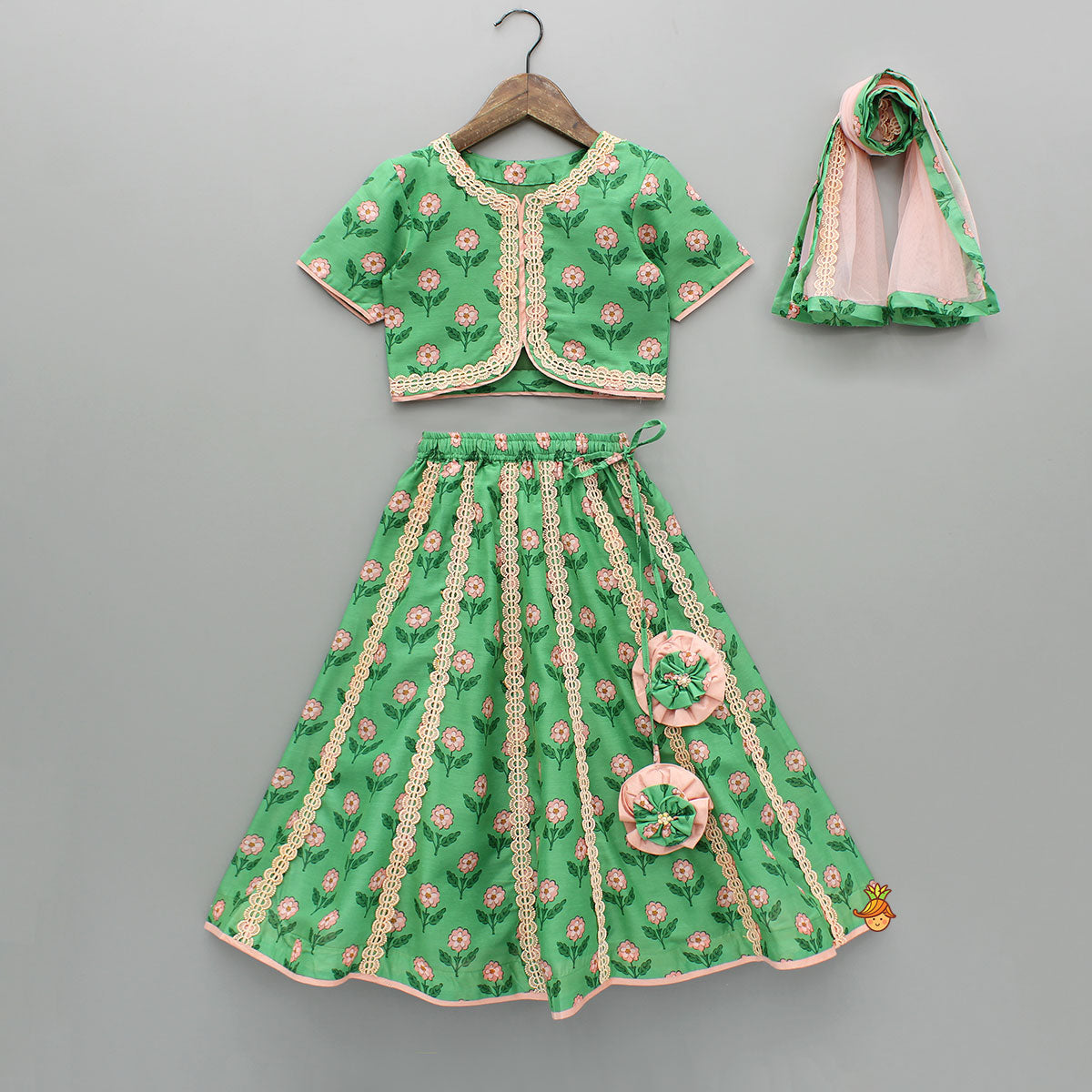Lace Green Floral Top With Ghagra And Dupatta