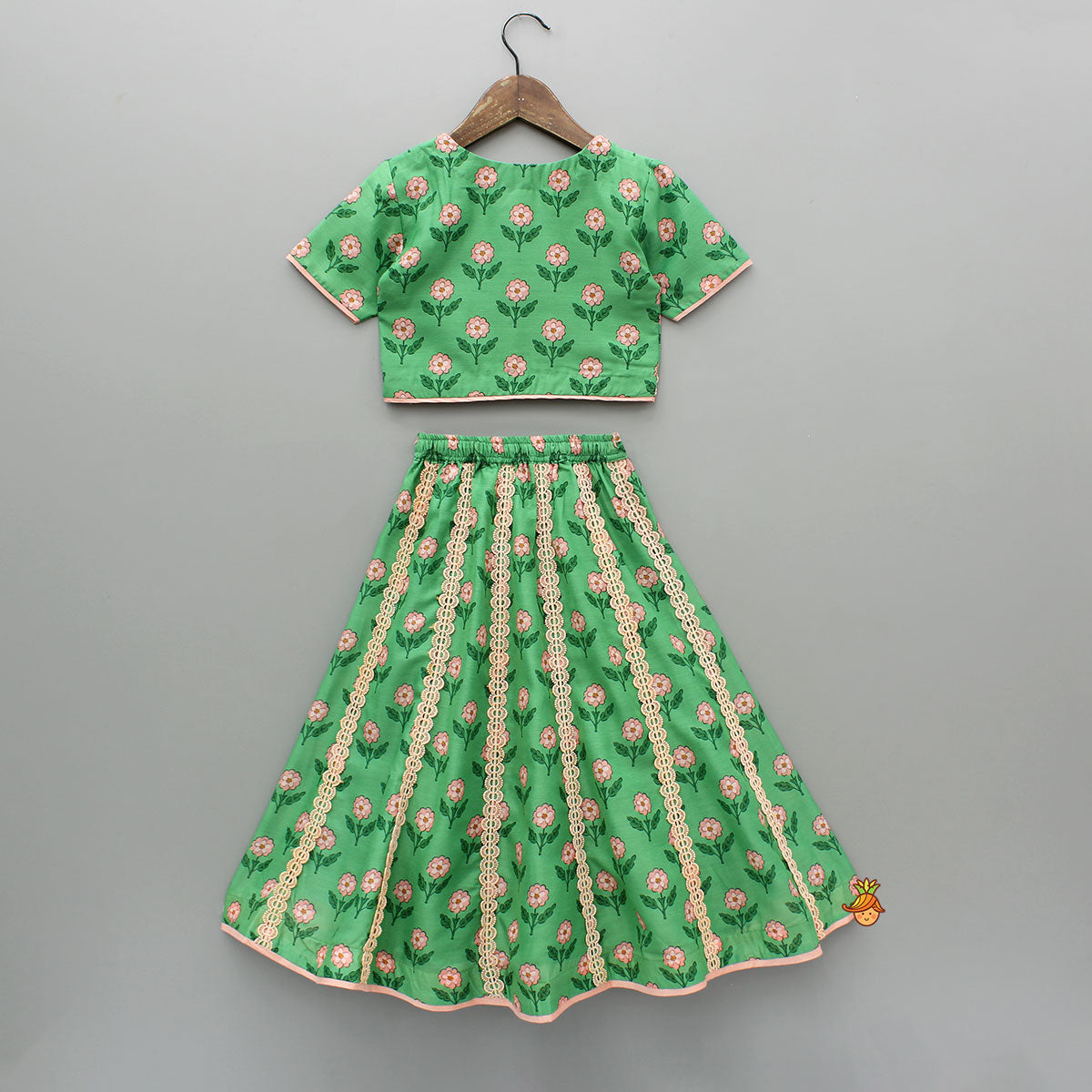Lace Green Floral Top With Ghagra And Dupatta