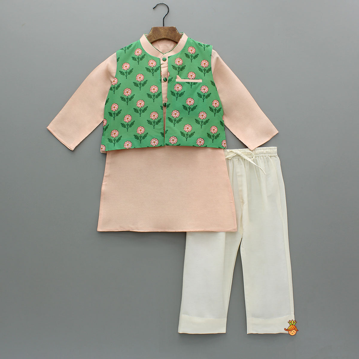 Peach Kurta With Floral Printed Green Jacket And Pyjama