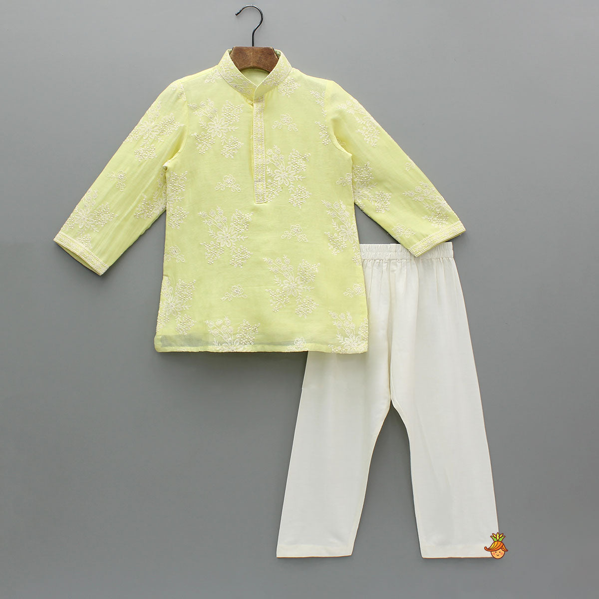 Lemon Yellow Chanderi Kurta With White Pyjama