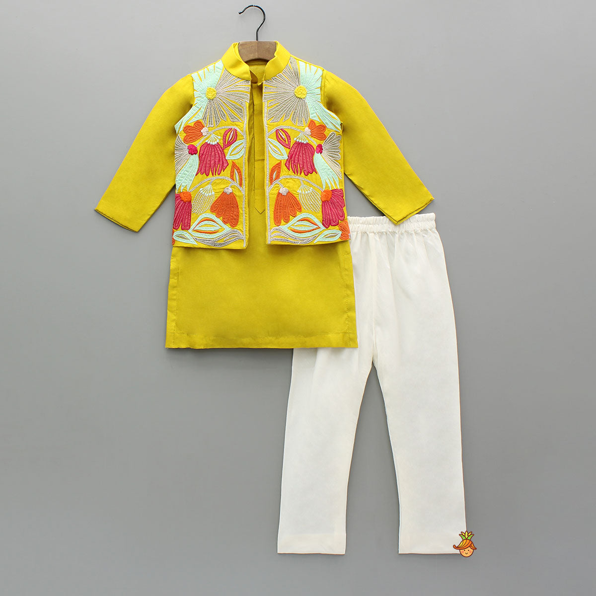 Yellow Kurta With Front Open Jacket And Churidar