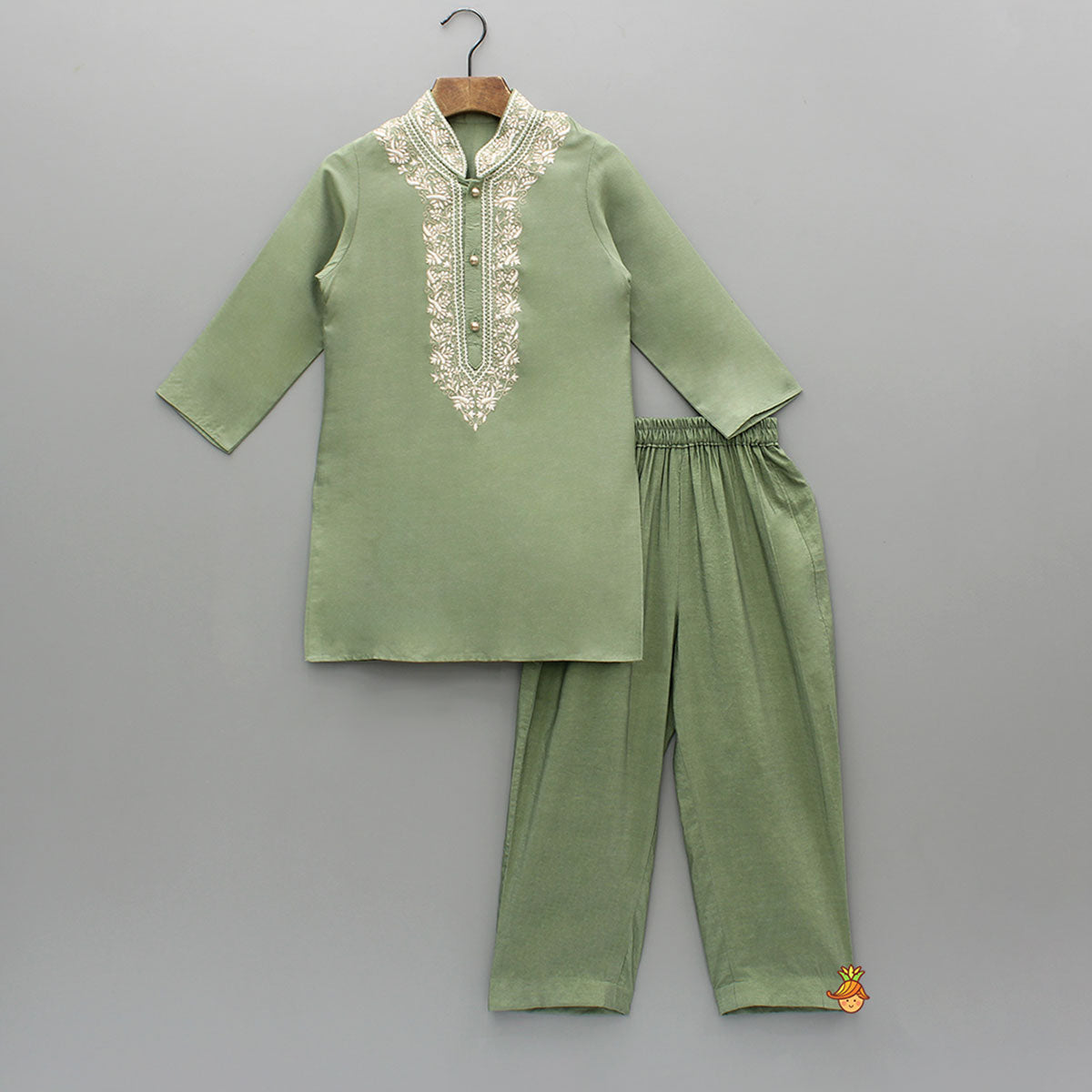 Green Embroidered Silk Kurta With Matching Silk Pyjama