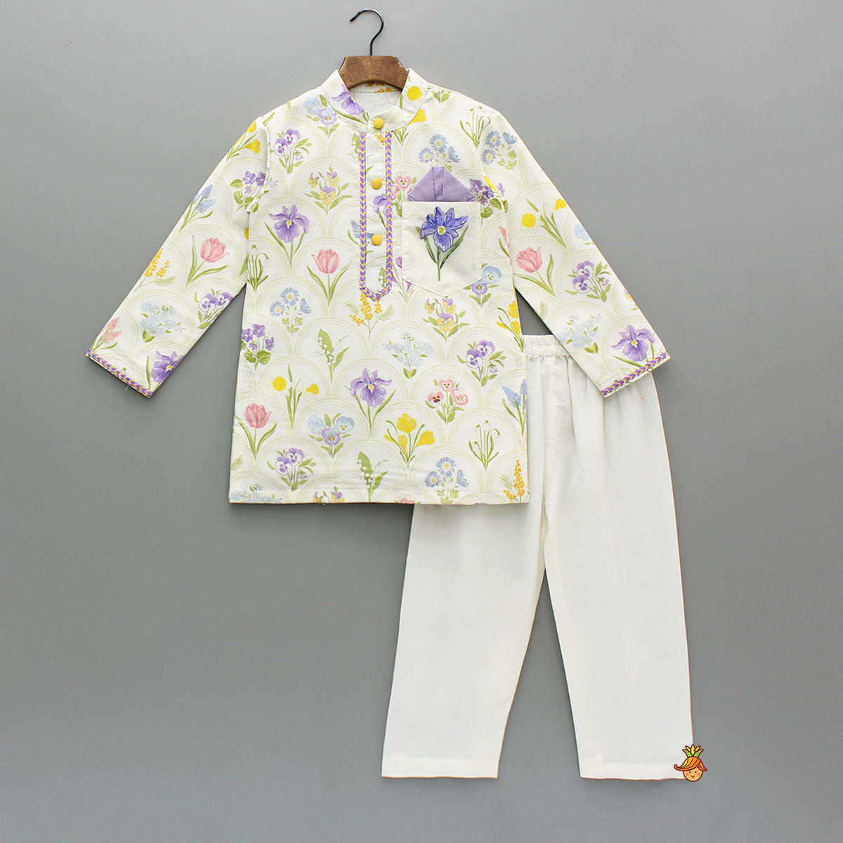 Floral Print Cotton Silk Kurta With Off White Pyjama