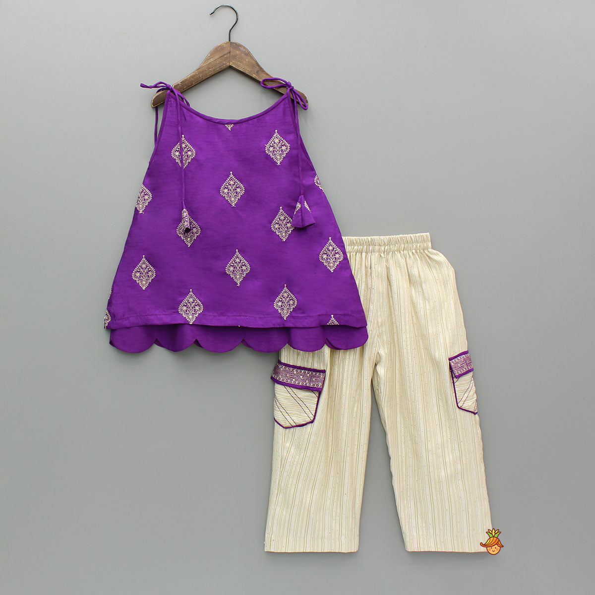 Purple Embroidered Scallop Hem Top With Sequin Striped Pants
