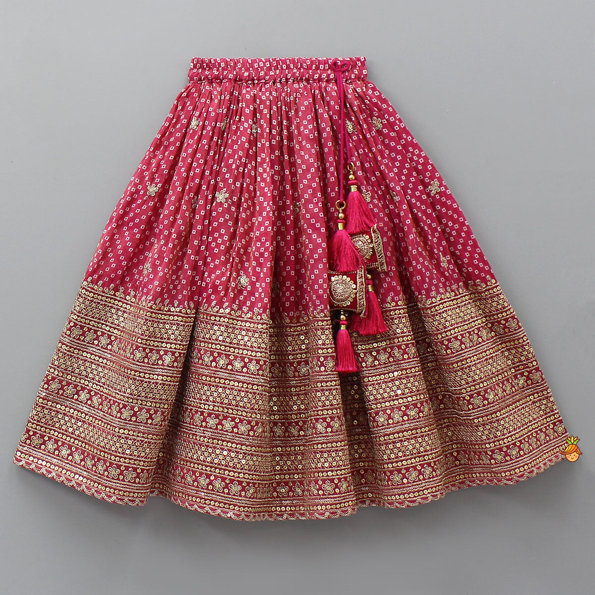 V-Neck Bandhani-Printed Pink Shimmery Top And Lehenga With Sequins Embroidered Matching Dupatta