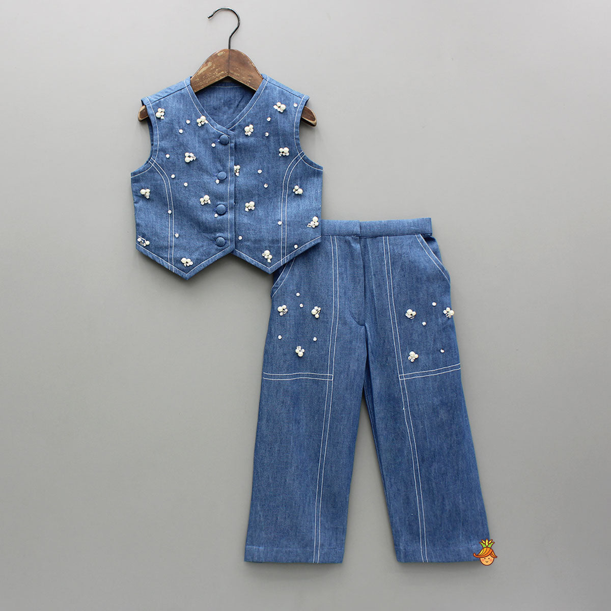 Front-Open Denim Blue Top With Pocket Detail Pant