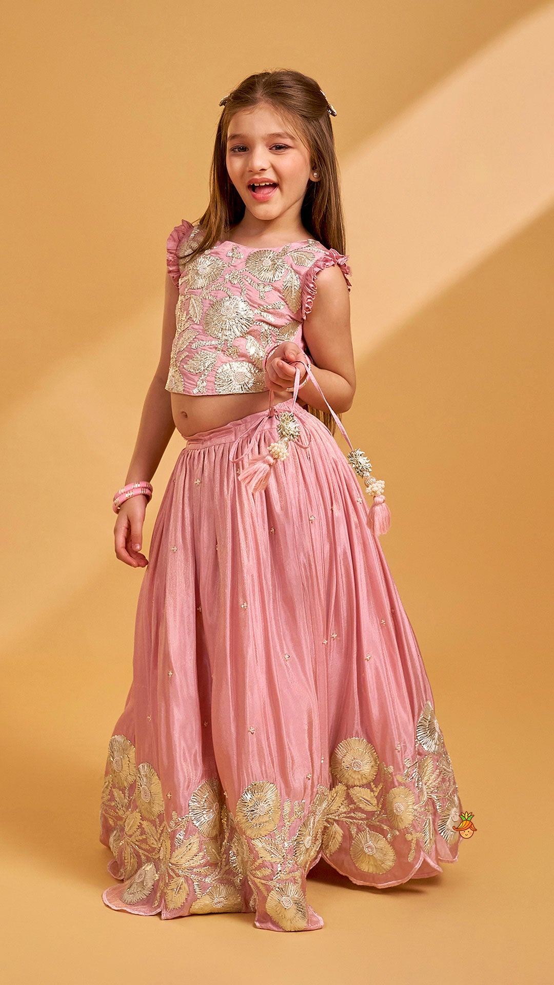 Shimmery Pink Hand Embroidered Gota Laced Top With Flared Shimmery Lehenga