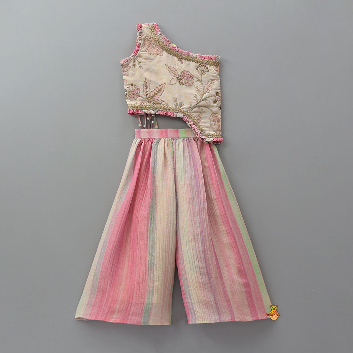 Beige Embroidered Top With Crush Tissue Palazzo