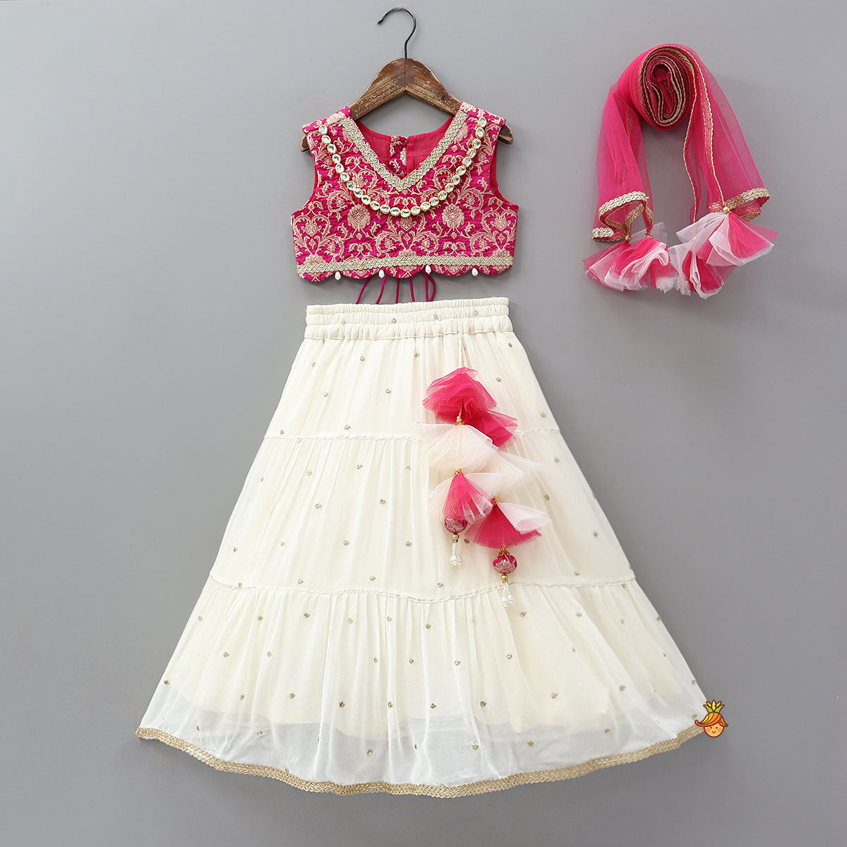 Pink Brocade Top With Off White Lehenga And Dupatta
