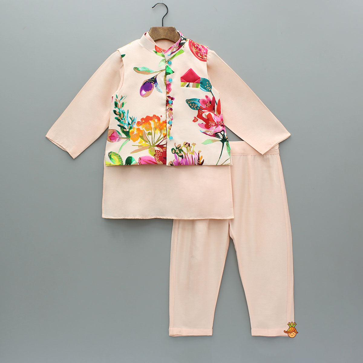 Peach Kurta With Front Printed Jacket And Pyjama