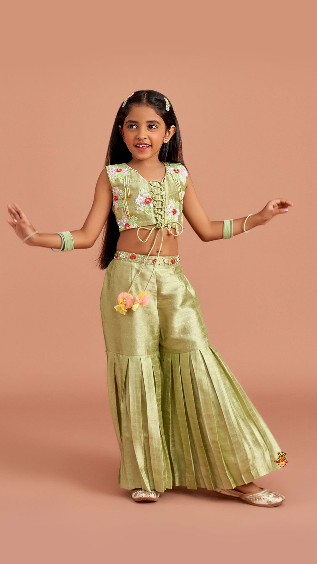 Multicolor Beaded Criss Cross Tie Up Top With Pleated Sharara