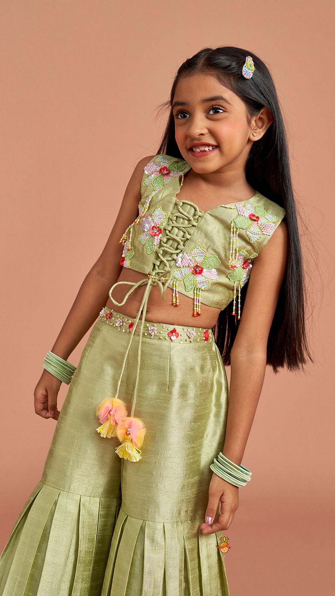 Multicolor Beaded Criss Cross Tie Up Top With Pleated Sharara