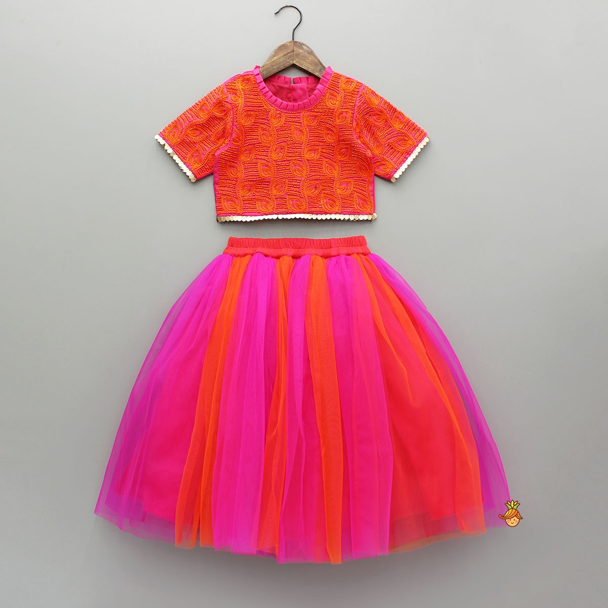 Orange Hand Embroidered Pink Top With Lehenga And Dupatta
